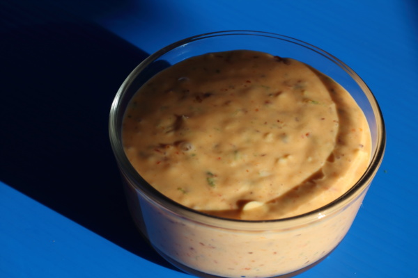 Once mixed the sauce will resemble a creamy sauce, similar to a thousand Island dressing in appearance only.  At this stage you can refrigerate until you are ready to make your meal. 